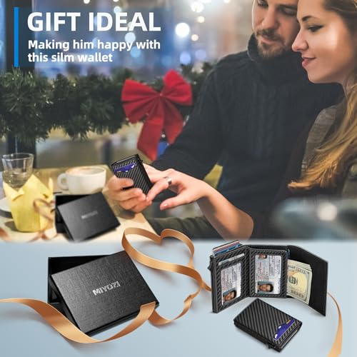 Wallet for Men,with Cash Pocket 2 ID Window 9-13 Cards,Metal Case Smart Slim Pop Up Credit Card Holder Flip with Magnetic Closure RFID Blocking Trifold wallet with Gift Box - color: Black072