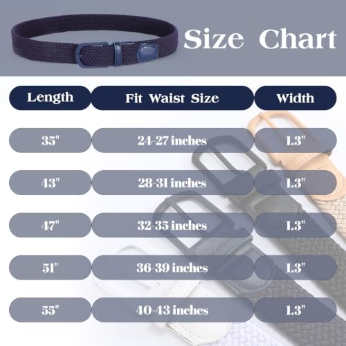 LEACOOLKEY Women Men Braided Stretchy Woven Belt for Jeans Pants Casual Golf Fabric Elastic Belt Width 1.3" - color: Navy Blue, size: Fit waist size 24"-27"