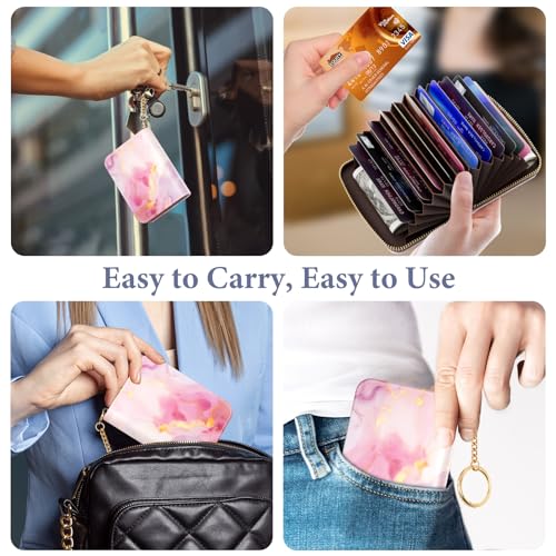 Credit Card Holder RFID Wallet for Women, Small Leather Card Organizer Case with Zipper and Keychain, Red Marble - color: Red Marble