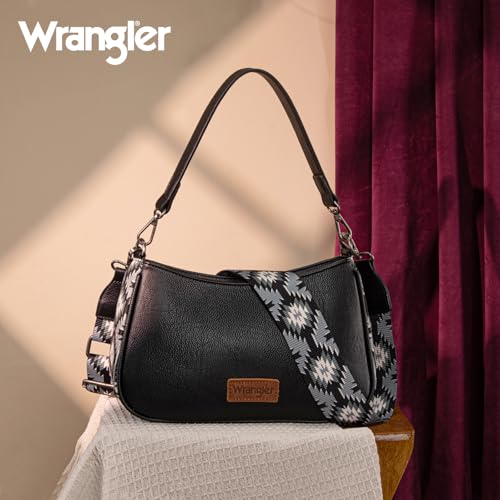 Wrangler Shoulder Bag for Women Western Small Purse Hobo Handbag | Aztec, Underarm Bag, 2 Detachable Straps, Secure Zipper Closure, Back Pocket, Crossbody Bag for dates, travel and everyday - color: Black