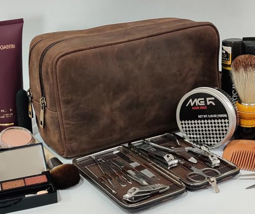 Leather Travel Toiletry Bag for Men, Full Grain Cosmetic Dopp Kit Organizer - color: Dark Brown