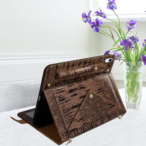 Crossbody Case for iPad mini 7 A17 Pro & iPad mini 6 (Mini 7th/6th Gen) 8.3" with Pencil Holder/Pockets, Shoulder Strap, Hand Strap, Handbag Folio Stand Envelope Magnetic Wallet Cover, Brown - color: 04# Brown Glitter, size: iPad Mini 7th/6th Gen 8.3" (20