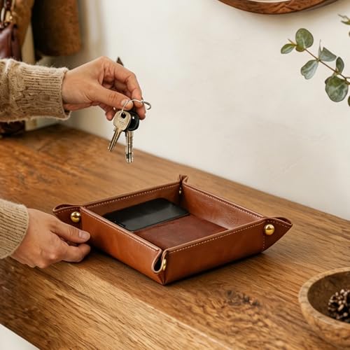 YAPISHI Luxury Valet Tray for Men, PU Leather Vanity Jewelry Catchall Tray - color: 2#-brown Horseskin