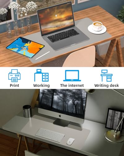Leather Desk Pad Protector, Large Office Mat & Mouse Pad, Non-Slip Laptop Desk Blotter, Waterproof Writing Pad (Light Grey, 48" x 24") - color: Light Grey, size: 48" x 24"