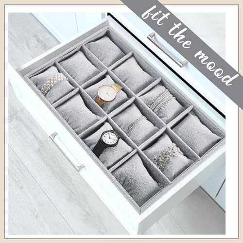 Henoyso 2 Pieces 12 Grid Velvet Watch Tray Jewelry Organizer Stackable Watch Bracelet Bangle Display Holder Adjustable Pillow (Gray) - color: Gray, size: 12 Grid