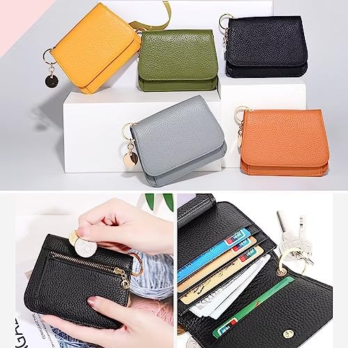 Mudono Small Wallet for Women RFID Blocking Genuine Leather Card Case Slim Tri-Fold Wallet with Zipper Pocket and Keychain - color: Grey