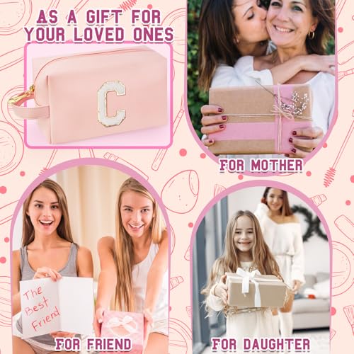 Personalized Initial Makeup Bag with Handle, Preppy Cosmetic Bag with Inner Zipper Pocket, 8 9 10 11 12 13 14 Years Old Girl, Graduation Gifts for Teen Girls Women Teachers (C, Pink) - color: Pink, style: C