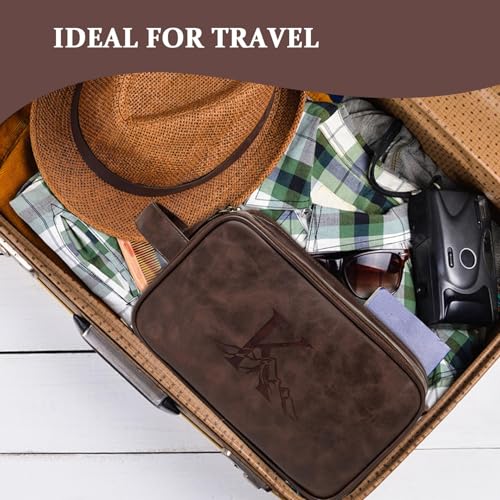 Travel Toiletry Bag For Mens PU Leather Engraved Initials (Dark Brown K) | Waterproof Dopp Kit Bag Beach Travel Essentials Bathroom Organizer, Personalized Gifts For Father Husband Groomsmen Birthday - color: Dark Brown, style: K