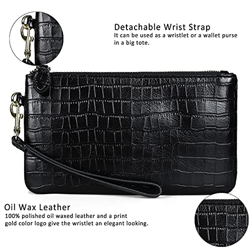 befen Genuine Leather Wristlet Clutch RFID Blocking Bag Cell Phone Purse - color: Black Crocodile