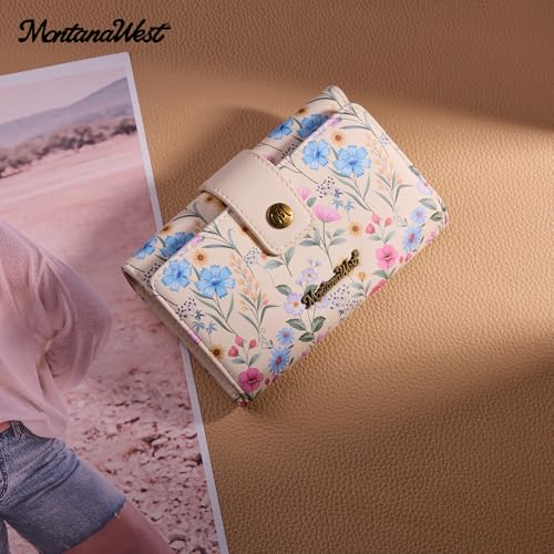 Montana West Small Wallets Woman Trifold RFID Blocking Flower Wallet Ladies Female Credit Card Wallet Western Travel Wallets with ID Window - color: Multicolor
