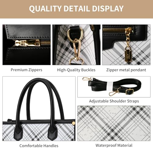 Womens Purses and Handbags Fashion Tote Shoulder Satchel Hand Bags | Spacious, Premium PU Leather, Checkered, Color Blocking, Adjustable Strap, 3pcs, Wallet and Card, with Zipper, Work, Casual - color: White+black