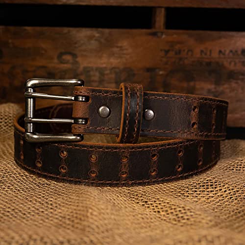 Men’s Classic Leather Belt, Double Prong Retro Style, Antique Nickel Buckle, 1 ½” Width, Amish handmade in the USA - color: Black, size: 34 inches
