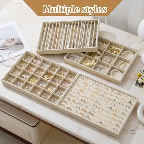 Large Velvet Jewelry Tray Display Drawer Inserts 2 Pack - color: Beige, size: Ring 81 Slots