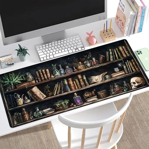 Desk Pad, Black Academia Fantasy Bookshelf Goth Skull XL Gaming Mouse Pad with Stitched Edges,Non-Slip Waterproof Rubber Base Large Desk Mat for Keyboard and Mouse 31.5"x11.8" - color: Colour12, size: X-Large