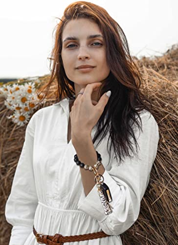 BAOSIWA Silicone Beaded Bracelet Keychain Wristlet Key Ring Bangle Chains for Women with Leather Tassel - color: Leopard