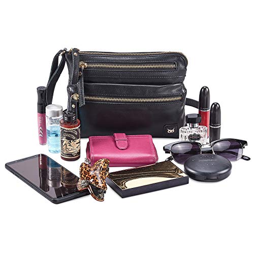Small Leather Crossbody Bag for Women Adjustable Sling Purse Multi Pocket - color: Black Nappa