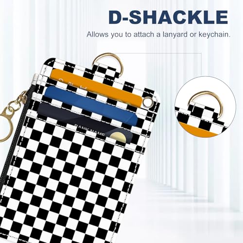 Slim Wallet Credit Card Holder, Black and White Checkered, RFID Wallet Women Cute Small Front Pocket Wallet With Zipper, PU Leather Thin travel RFID Blocking Card Case ID Window ,Ladies Gifts - color: Black and White Checkered