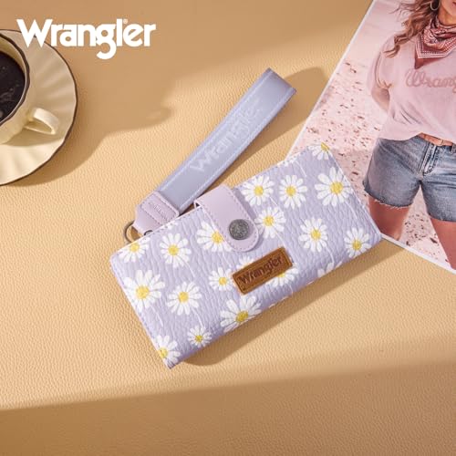 Montana West X Wrangler Wristlet Wallet for Women Daisy Floral Wallet Large Capacity Clutch Wallets with Smooth Zipper and ID Window - color: Daisy-Purple
