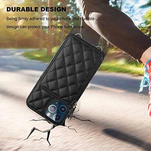 Bocasal Crossbody Wallet Case Card Holder for iPhone 13 Pro Max Black | RFID Blocking PU Leather Zipper Handbag Purse, Kickstand Flip Folio Case with Card Slots Holder Wrist Strap Lanyard 6.7 Inch - color: Black