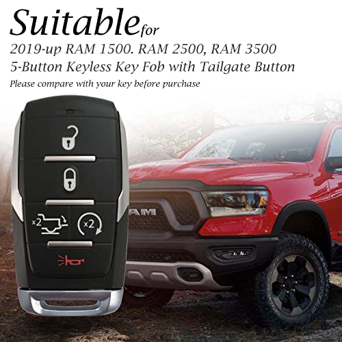 Genuine Leather Smart Key Fob Case Cover Protector Compatible with RAM 1500, RAM 2500, RAM 3500 2019 - 2025 (5-Button with Tailgate, Black/Red) - color: Black/Red, size: 5-Button with Tailgate