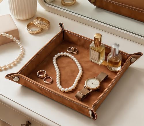 Valet Tray Desktop Storage Organizer – Vegan Leather Catchall Bedside Vanity Tray Nightstand Caddy Holder for Remote Controller, Watch, Keys, Phone, Wallet, Coin, Jewelry, Stone Khaki - color: Stone Khaki