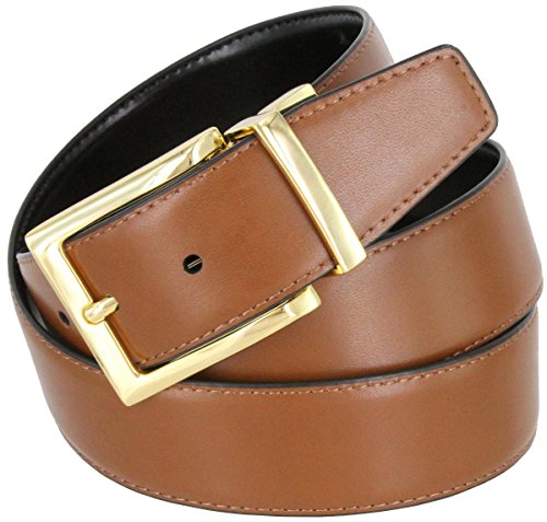 Men's Reversible Genuine Leather Dress Casual Belt 1-3/8" = 35mm wide - Black/Tan - color: Gold Plated Buckle, size: 42
