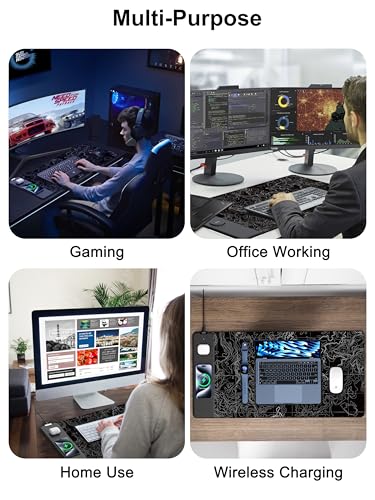 TopMade Mouse Pad with 15W Fast Wireless Charging, 31.5"x15.75" XXL Large Gaming Waterproof Desk Pad, Computer Desk Mat, Black Topographic Map #3 (Includes 20W PD Power Adapter & 6.56ft Woven Cable) - color: Black Topographic Map #3 With Adapter