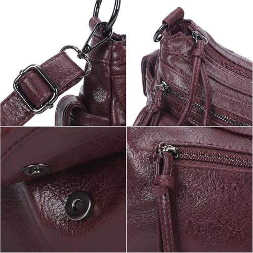 Angel Kiss Hobo Purses for Women Crossbody Shoulder Bag Ladies Multi Pocket Handbags with Adjustable Shoulder Strap | Soft Vegan Leather - color: Wine