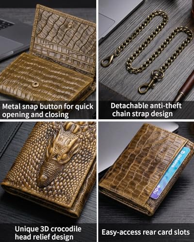 STEELLION Men's Trifold Wallet, Cowhide, 13 Card Slots, ID Window, RFID | Croc-embossed cowhide with a removable chain; practical organization for office, travel, and everyday carry (Brown) - color: yellowish-brown