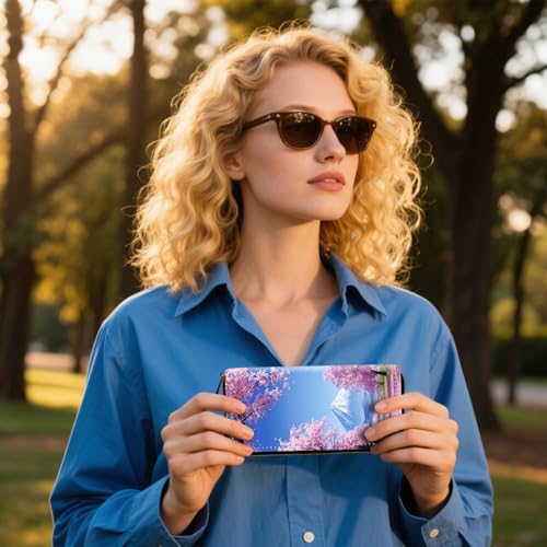 RFID Blocking Zip Around Wallet for Women with Detachable Strap | Large Capacity Leather Card Holder & Travel Wristlet Purse,Cherry Blossoms Mountain - color: Cherry Blossoms Mountain-9-165