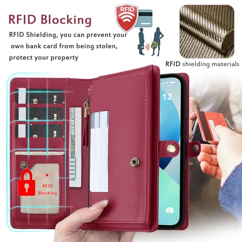 for Wallet Case Compatible with iPhone 14,Multi-Function Detachable 2 in 1 Magnetic iPhone 14 Case Wallet,Flip Strap Zipper Card Holder Phone Case with Shoulder Straps (Red) - color: Red, size: iPhone 14