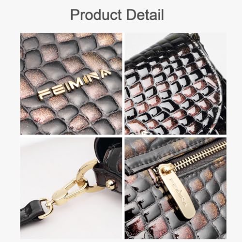 Genuine Leather Shoulder Bag for Women Black Shoulder Bag with Adjustable Strap - color: Ancient Copper