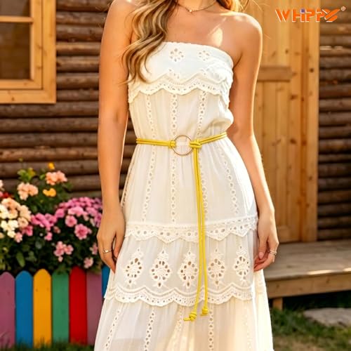 WHIPPY Women Skinny Leather Belts for Dresses Boho Thin Leather Knotted Waist Belt - color: Yellow, size: Fit Waist Size up to 53"