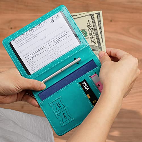TIGARI Passport Holder for Travel Women Men, PU Leather Waterproof RFID Wallet Cover Case Sleeve, Valentines Day Gifts, Vacation Plane Cruise Travel Document Organizer Essentials - color: B-Teal, style: Upgraded