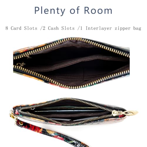 Genuine Leather Wristlet Clutch RFID Blocking Bag Cell Phone Wallet Purse Wristlet Wallet Purses and Handbags - color: Black Rose
