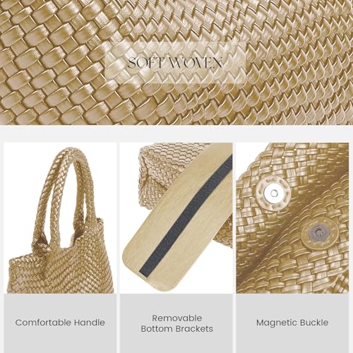 Women's Woven Leather Shoulder Bag Slouchy Luxury Large Purses | Laptop Tote Bag Handbags Trendy Lightweight Satchel Work Bags for Women Gift - color: Gold