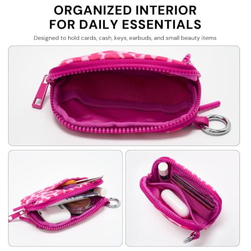 Small Wristlet Wallets for Women with Clear ID Window, Keychain Coin Purse | Organized Interior with 3 Card Slots, Inner Mesh Pouch, Lipstick Holder, Metal Key Ring and Detachable Wrist Strap - color: Hot Pink Leopard