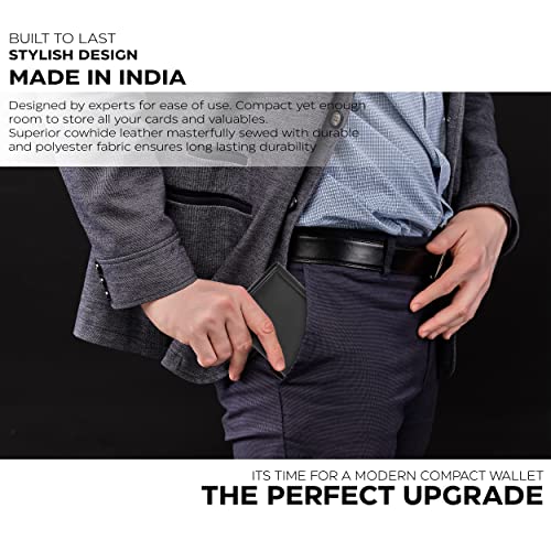 Real Leather Mens Trifold Wallet - RFID Slim Minimalist Front Pocket Gift - color: Black