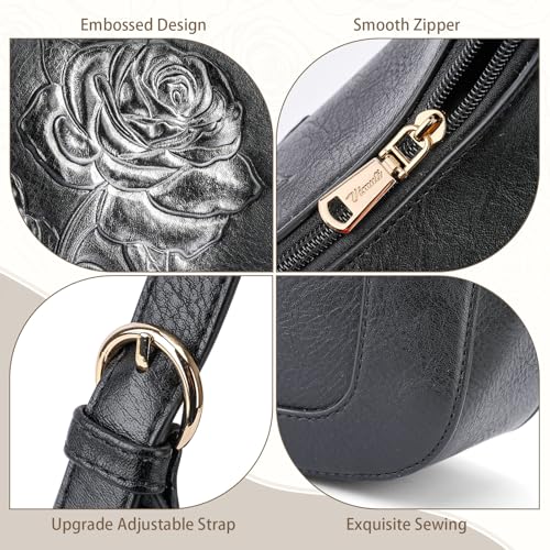 Shoulder Bag for Women, Small Embossed Vegan Leather Hobo Purse | Elegant Crescent Shape Shoulder Purse with Top Handle, Adjustable Strap, Underarm Style for Daily Use, Travel & Gift Choice - color: Black