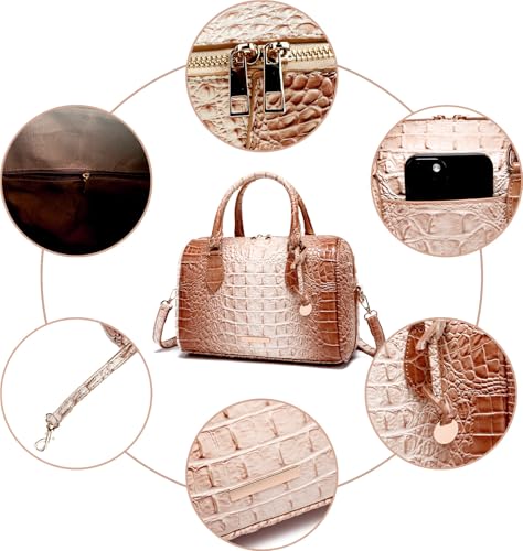 Makcr Joacbv Crocodile Handbag for Women Top Handle Leather Shoulder Purse | Glossy crocodile-embossed vegan leather with rolled handles, buckle details, a structured dome shape, and adjustable strap. - color: 1-scallop