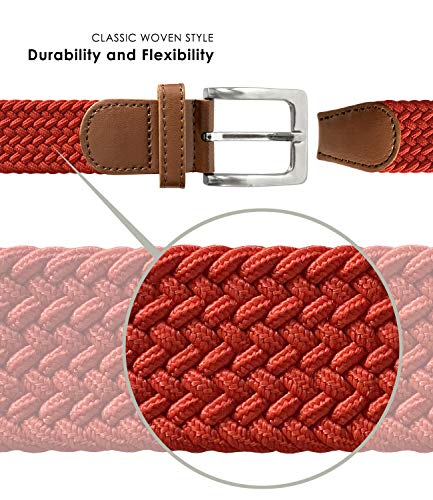 Belts.com Men's Gray Braided Elastic Stretch Belt 1-3/8" Wide Canvas Fabric Woven Casual Belt With Prong Buckle - color: Red, size: Medium (for waist 33"-35")