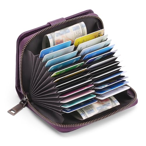 GAEKEAO Leather Credit Card Holder Wallet for Women RFID Blocking Large Capacity Bifold Zipper Card Case Organizer with Wristlet 32 Slots - color: A05-Purple-Large