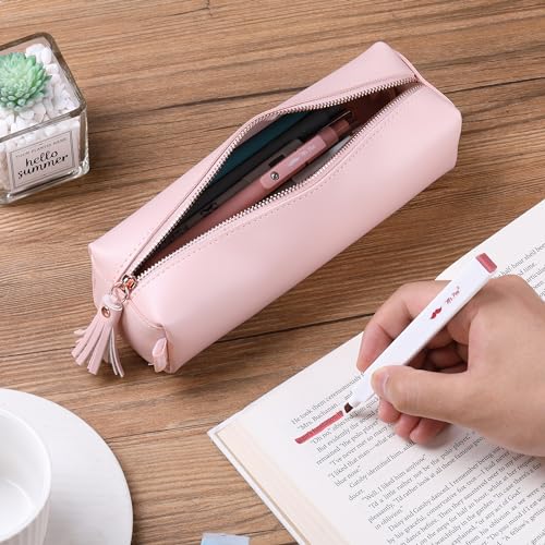 Mr. Pen- PU Leather Pencil Case, Pink | Pencil Case Small Pencil Pouch Aesthetic - color: Pink