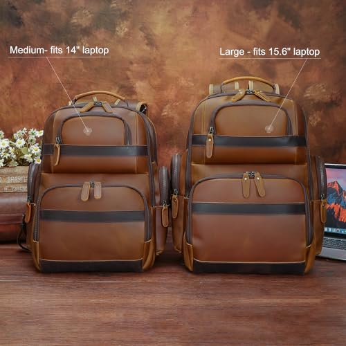 TIDING Men's Leather Backpack 14" & 15.6" Laptop Business Travel Daypack | Thick Sponge Padded Laptop & Tablet Sleeves, Water Bottle Holder, Luggage Strap, Anti-theft Pocket, Large Capacity - color: Brown(fits 14" Laptop)