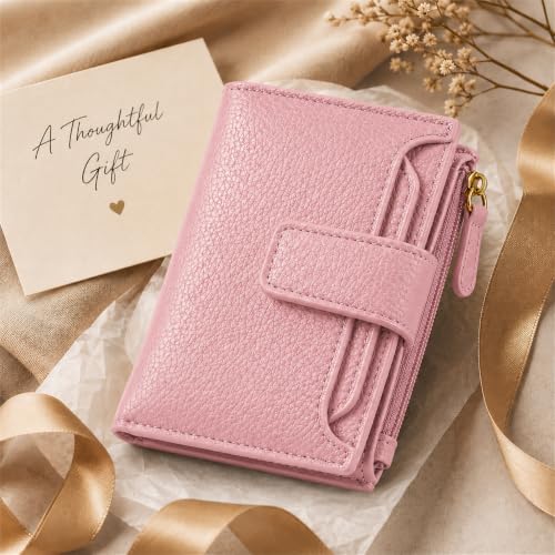 Small Wallet for Women, Compact Bifold Card Holder | Zipper Coin Pocket, 10 Card Slots, ID Window, Snap Closure, Slim Mini Wallet for Purse and Travel - color: Pink
