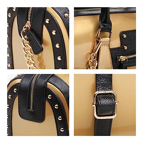 Dasein Women's Barrel Bag Shiny Patent Faux Leather Handbag with Rivet Decoration Top Handle Satchel Shoulder Purse - color: Larger Gold