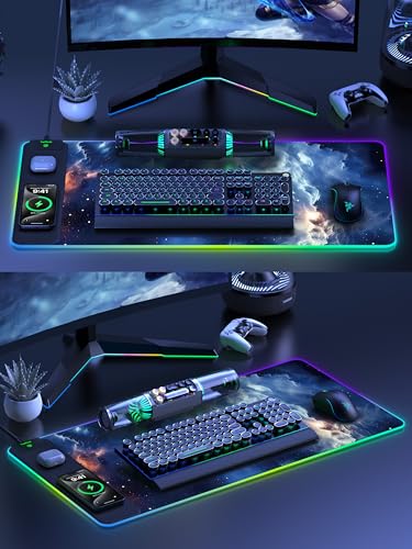 5-in-1 RGB Mouse Pad with 15W Wireless Charging, Keyboard Pad for Desk | 31.5” x 15.8” XXL Large Desk Mat, Gaming Mousepad with Ultra Smooth Surface & Non-Slip Rubber Base, Easy to Clean, Waterproof - color: Upgraded Rgb - Blue Nebula With Adapter
