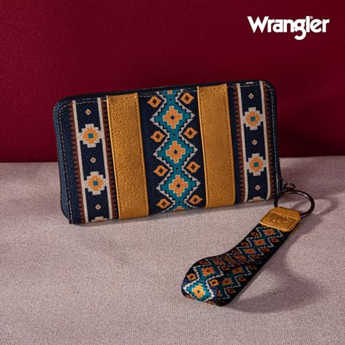 Wrangler Wallet Purse for Women Western Aztec Clutch Wristlet Wallet with Credit Card Holder - color: Mustard