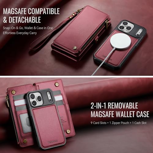 Defencase for iPhone 17 Pro Case Wallet Compatible with Magsafe, Wine Red | Drop-Proof Magnetic Detachable Phone Cases Cover, with RFID Bolcking Card Holder, Zipper Strap, PU Leather, Removable Wallet - color: (Detachable with Magsafe)-Wine Red