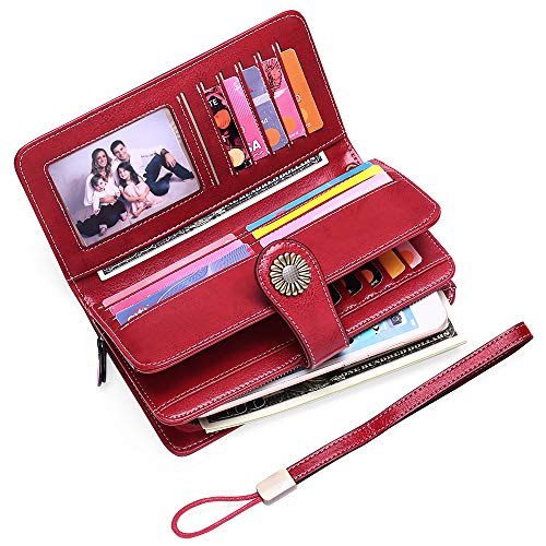 SENDEFN Womens Wallet RFID Blocking Card Holder Large Leather Wristlet - color: 1-Wax-Red-1